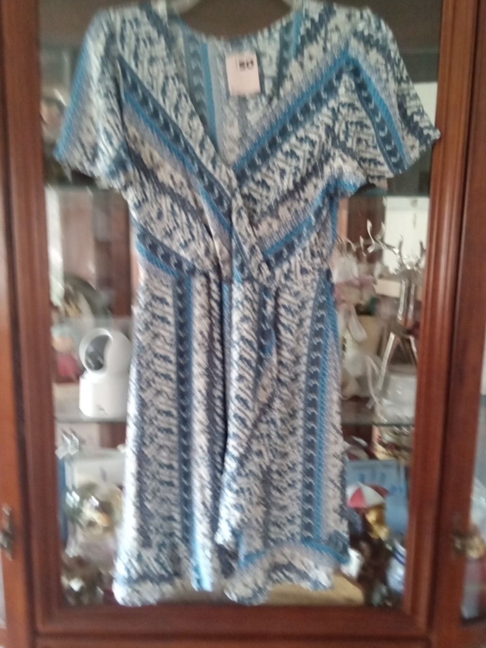 SO Blue Patterned V-Neck Midi Dress with Flutter Sleeves